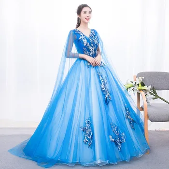 mėlyna peties šydas, ilga suknelė princesė cosplay stebuklų viduramžių suknelė Renesanso suknelė karalienės Viktorijos Belle Kamuolys
