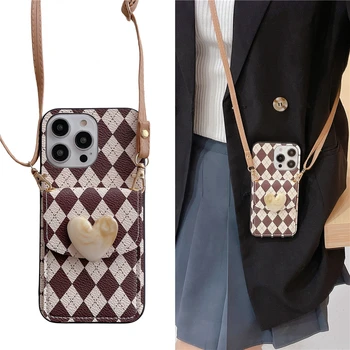 Japonijos Prabangių odos deimantų širdies kortelė, maišelis crossbody kaklo virvę lipdukas atveju iphone 7 8 Plus X XS 12 14 13 11 Pro Max dangos
