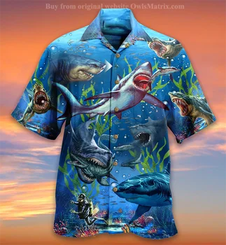 Nauja Havajų Mens Marškinėliai Megalodon Tapybos Ryklys Havajai Paplūdimio Atostogų Plius Dydis-Trumpomis Rankovėmis Mygtuką Iki Marškinėliai
