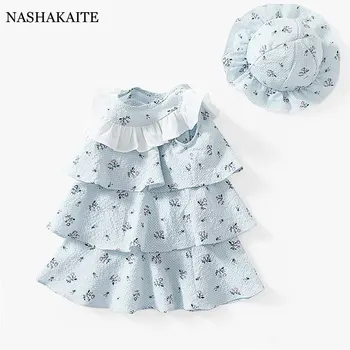 Pavasarį&Vasaros Baby Girl Dress Blue Gėlių Spausdinti Tortas Suknelės Rankovių Plonas Princesė Dress + Hat 100%Medvilnės, Vaikiški Drabužiai Komplektas
