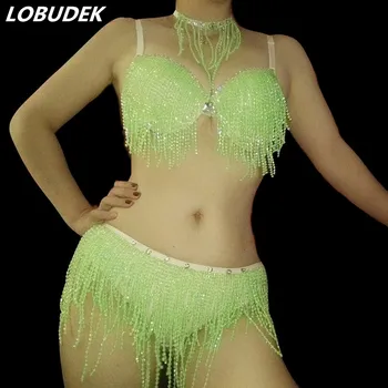 Fluorescencinė Žalia Bikini Komplektas naktiniame klube Moterų Kostiumas Šokių kolektyvas 