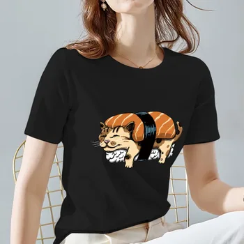 Moterų Mada, T-marškinėliai, Ponios Atsitiktinis Japonijos Harajuku Animacinių filmų Suši Katė Viršų Šablonas Spausdinimo Serijos Slim O-kaklo Vasaros Jaunimo Viršų