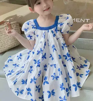 Naujas 2021 m. Vasarą Kūdikių Mergaitės, Mėlyna Spausdinti Suknelė , Merginos Princesė Saldus Drabužių 5 Vnt/daug