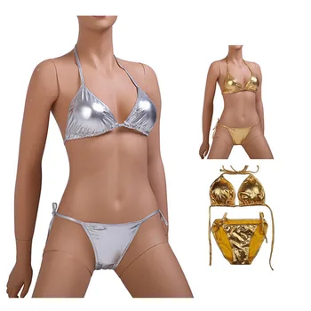 Mozaikos Aukso Bikini 2 VNT. Rinkinys Moterims Dirbtiniais Odos Egzotinių apatinis Trikotažas Tvarstis Biquini maudymosi kostiumėlį Blizga Seksualus Sukumizu PU T-Atgal Gstring