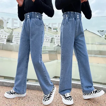 Paauglių Mergaičių Džinsai Pavasarį Naują Streetwear Baggy Jeans Girl Mados Prarasti Tiesiai Pločio Kojų Kelnės Vaikams Drabužių Šviesiai Mėlyna