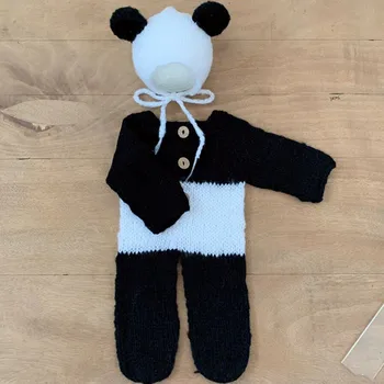 ❤️Naujagimių Fotografijos Drabužių Moheros Panda Hat+Jumpsuits 2vnt/komplektas Studija Baby Nuotrauka Rekvizitai Priedai Megztų Drabužių Komplektus