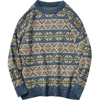 Žiemos Vintage Megztinis Vyrams 2023 Japonijos Mados Prarasti Megztų Megztinių Hip-Hop Harajuku Geometrinių Raštų Streetwear Megztinis