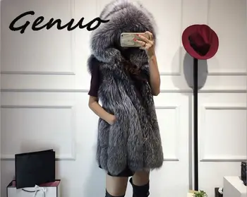 2019 Naujas kailio liemenės imitacija silver fox fur coat gobtuvu liemenė vertikali juostelė vidutinio ilgio liemenė didelio dydžio moterų dirbtiniais kailiais liemenė kailis
