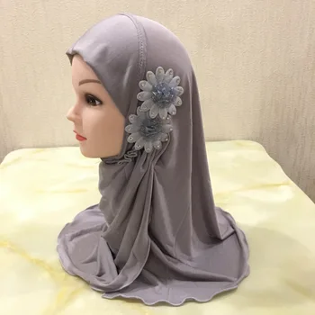 Musulmonų Hijab Islamo Arabų Skara Skara Su Gražia Gėlių Girl Vaikas,Vienas Gabalėlis Nėrinių Hijab Aplikacijos Galvos Wrap Su Kalnų Krištolas