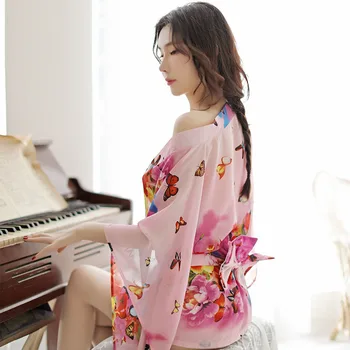 Seksualus Kimono Pižamą Yukata Maudymosi Chalatai Moteris Japonijos Gėlių Seksualus Yakata Cardigan Šifono Sleepwear Namų Drabužiai Pižama Suknelės