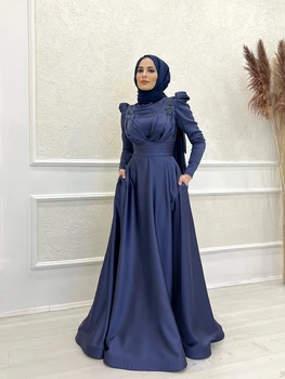 Hijab Vakarą Satino Suknelės Ilgomis Rankovėmis Arabų Dubajus Prom Oficialią Šalies Chalatai Aukšto Kaklo Maroko Caftan Appliques Rūbeliai De Soirée