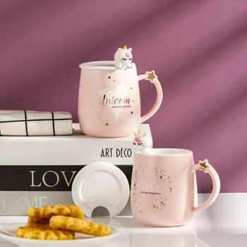 Pink cartoon didelės talpos vienaragis puodelis cute girl vandens puodelis su dangteliu šaukštas namų paprasta keramikinis puodelis PL25