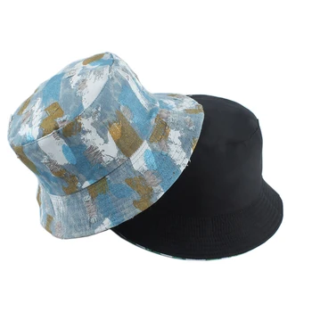 Vintage Džinsai Grįžtamasis Kibiro Kepurę Vyrai Moterys Mados Plauti Medvilnės Žvejys Skrybėlę Grafiti Spausdinti Hip-Hop Kepurės Skrybėlės Nuo Saulės