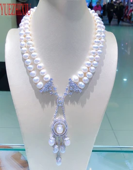 karšto parduoti gamtinių 2rows 9-10mm baltos spalvos gėlavandenių perlų micro apdaila cirkonis karoliai 17-18inch prabangūs papuošalai
