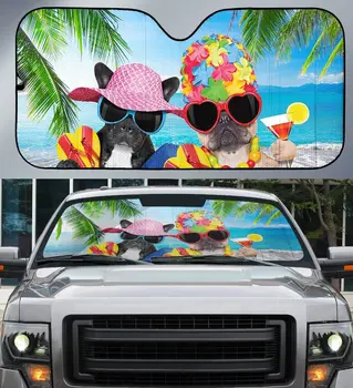 Havajai prancūzų Buldogas Vasaros Paplūdimio Kokoso Medžio Automobilių skėtį nuo saulės, Dovana prancūzų Buldogų Mylėtojas, Havajai Vibe Auto Saulės Pavėsyje, Vėjo
