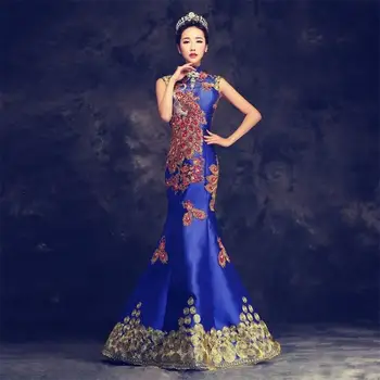 Mėlyna Prabanga Siuvinėjimo Kinijos Vakarinę Suknelę Ilgai Cheongsam Nuotaka Vestuvių Qipao Undinė Suknelės Rytų Stiliaus Qi Pao Skraiste Rouge