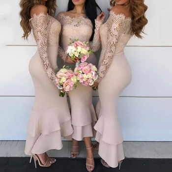 2022 Sexy Nėrinių Bridesmaid Dresses Vestido De Festa De Casamento Undinė Nuo Peties Ilgomis Rankovėmis Satino Bridesmaid Suknelę