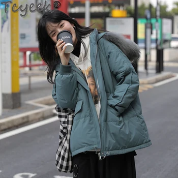 Tcyeek Trumpas Didelis Kailių Apykaklės Žemyn Striukė Moterims, Žiemos 2021 Atsitiktinis Gobtuvu Baltųjų Ančių Pūkų Paltai Moterų Korėjos Manteau Femme Gxy1170