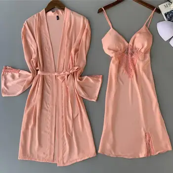 Vasarą Ponia Chalatas Kimono&dirželis Pižamą Twinset Skraiste Nightdress Nustatyti Seksualus Dviejų dalių Sleepwear Lace V-Neck Intymus apatinis Trikotažas