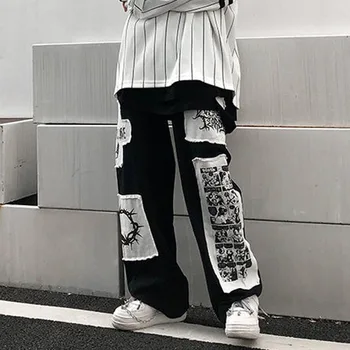 Harajuku Punk, Gothic Krovinių Ziajać Moterys Vyrai Streetwear Hip-Hop Kelnės Y2k Hipių Derliaus Goth Plati Plati Koja Kelnės Anime Ziajać
