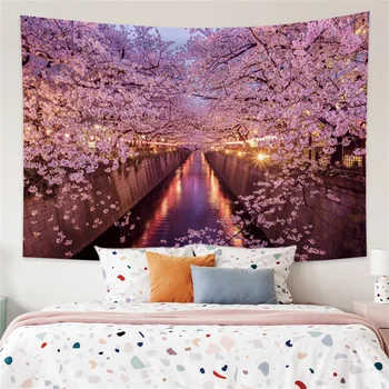 Fudzijama gobelenas senovės šventyklos spausdinimo namų puošybai Japanese cherry blossom gobelenas, rausvos sienos kabo gobelenas
