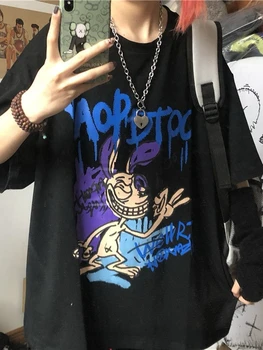 QWEEK Gotikos Harajuku Grafiti T-marškinėliai Moterims Mall Goth korėjos Mados Grunge Anime Tees Juodos spalvos trumpomis Rankovėmis Viršūnes 2022 Kpop