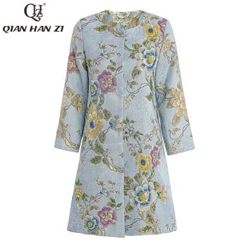 Qian Han Zi 2020 Naujas Mados Išsiuvinėti Slim Viduryje ilgos Tranšėjos Paltai Moterims, Elegantiškas ir prabangus puošnios gėlės Žakardo kailis