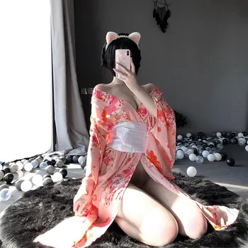 Seksualus, Rožinės Spalvos Gėlių Spausdinti Japonų Kimono Chalatas Suknelė Sleepwear Yukata Ingerie Pavasario Vasaros Ilgą Pižamą Namų Padažu Suknelė