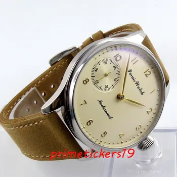 Smėlio spalvos ciferblatas aukso padengtą ženklų 6497 vertus likvidavimo 44mm parnis odinis dirželis mens watch