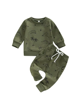Bamblys Kūdikiams, Kūdikių Berniukų Pavasario Komplektus Dinozaurų Spausdinti ilgomis Rankovėmis Marškinėlius (T-shirt ir Elastinga Atsitiktinis Kelnės Rinkinys