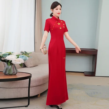 COIGARSAM Vasaros 2021 Naujas Kinų Stiliaus Cheongsam Trumpas Rankovės Mandarinų Apykaklės Suknelės Traf Vestidos Skraiste