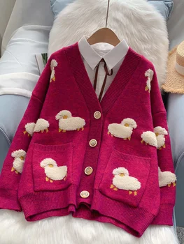 2022 Moterų Megztinis susagstomi megztiniai Knitcoat V Kaklo Avių susagstomi megztiniai Megztiniai Šiltas Trikotažas korėjos mados Sueter Mujer Ilgas Švarkas