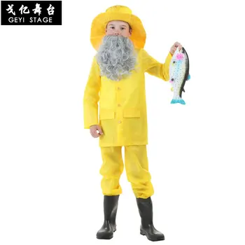 Cos žvejo kostiumas Helovinas vaikų dienos veiklos kostiumas suaugusiųjų vaikų žvejybos kostiumų ryškiai geltonas lietpaltis paren