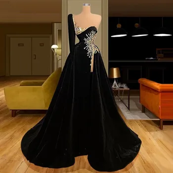 Prabangaus Juodo Aksomo Prom Dresses Su Gold Crystal Aukštos Ritininės Vieną Petį Stebėjimo Seksualus Ypatinga Proga Moterys Suknelė Plius Dydis