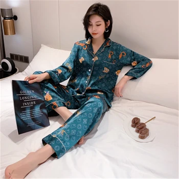 rinkiniai atsitiktinis naktiniai drabužiai namų drabužius su ilgomis rankovėmis mados apatiniai du gabalus moterų pavasario satino dirbtiniais šilko pižama
