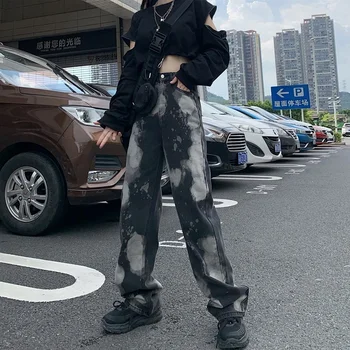 Džinsai moterų korėjos versija ins Gatvės asmeninį splash rašalo tiesios kelnės universalus kelnes prarasti Didelio Juosmens Pločio Kojų Kelnės