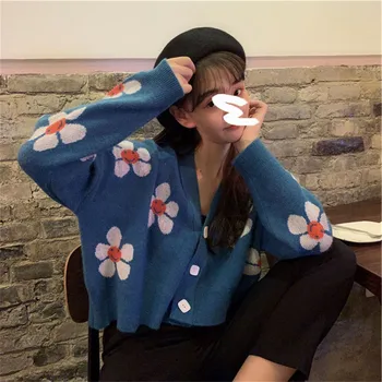 Moterų Gėlių Spausdinti Megztinis Y2K Trikotažas Prašmatnus V-Kaklo, ilgomis Rankovėmis Mygtuką Cardigan 90s Streetwear Atidaryti Priekiniai Megzti Paltai