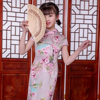 Puikus Kinų Vaikas Vaikui Mergina Gėlių Spausdinti Cheongsam Suknelė Mergaitėms Qipao Medvilnės Suknelė Naujųjų Metų Dovanų Šalis Vakaro Drabužiai