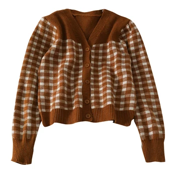 Rudens/žiemos naują stilių kontrasto spalvų siūlėmis pledas single-breasted V-kaklo, megzti slim ilgomis rankovėmis megztinis