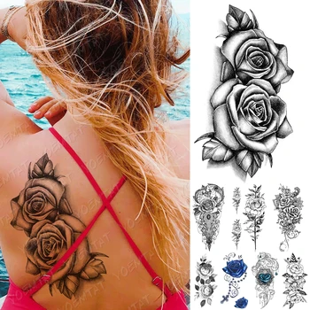 Atsparus vandeniui Laikina Tatuiruotė Lipdukas 3D Blue Lace Rožių Gėlių Tatuiruotės Linija lotus Body Art Rankos Netikrą Rankovės, Tatuiruotė Moterys Vyrai