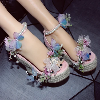 Vasaros originalus Mori gėlių drugelis pleišto kulno podiumo sandalai pokylių suknelė visas rungtynes užsakymą aukštakulnį moterų batai