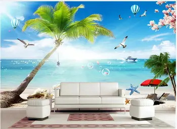 3d tapetai pasirinktinius nuotraukų Pajūrio kokoso medžio mėlynas dangus, balti debesys paplūdimio dekoracijos, dekoras 3d sienų freskomis tapetai, sienų ir 3 d