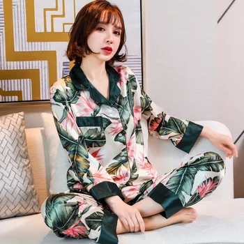 Moterų Kostiumas Šilko Satino Pižama Nustatyti ilgomis Rankovėmis Kelnių Kostiumai Mygtuką Žemyn Sleepwear Loungewear Pižamos