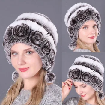 Žiemą Moterims Gėlės Dryžuotas Natūralūs Triušio Kailiniai Skrybėlės, Ponia, Šiltas Megzti Originali Kailio Kepurės Rusijos Lauko Kailiniai Skrybėlės