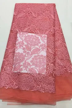 rožinė Šveicarijos Medvilnės Gėlių Aplikacija Afrikos prancūzų nėrinių audinys, Aukštos kokybės Afrikos tiulio nėrinių audinio Vestuvinė Suknelė