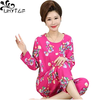 UHYTGF pižama moterų mados spausdinti medvilnės, šilko vasarą 2 dalių komplektas Homewear ilgomis rankovėmis plonas pižama moterų didelis dydis 1395