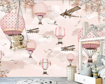 Beibehang tapetai, vaikų kambarys Dangus, balti debesys karšto oro balionu, lėktuvu Mažai paukščių animacinių filmų 3d tapetai, freskos papel de sumalti