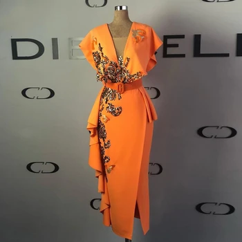 Oranžinė Tampri, Satino Arbata Ilgis Prom Dresses Apvalkalą V Kaklo Ruffles arabų Moterų Oficialią Šalies Dėvėti su Blizgučiais Nėrinių Aplliques