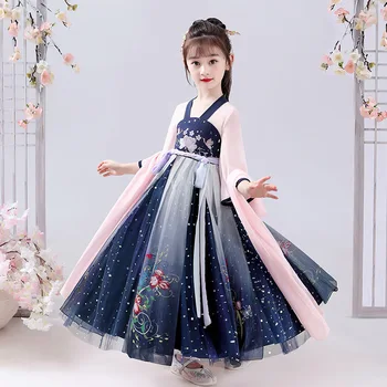 Vaikas Nauji Kinų Stiliaus Tradicinio Siuvinėjimo Retro Suknelė Mergaitėms Purus Kostiumas Šalis Vakare Veiklos Princesė Sijonas Hanfu 