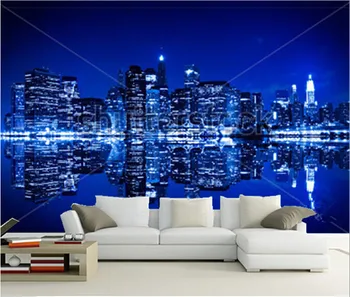 Custom 3D freskomis,New York naktį su atspindys vandenyje su mėlyna spalva , gyvenamasis kambarys su sofa-lova, TV wall vaikų miegamojo sienos popieriaus